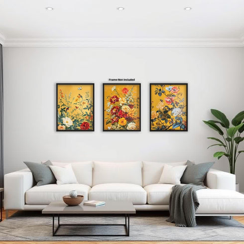 Posterizer 3 pcs-Vibrant Yellow Theme-Lush Flowers-Floral Botanical Art-Abstract & Modern Art- Kitchens, Dining Room Decor- unframed wall art...